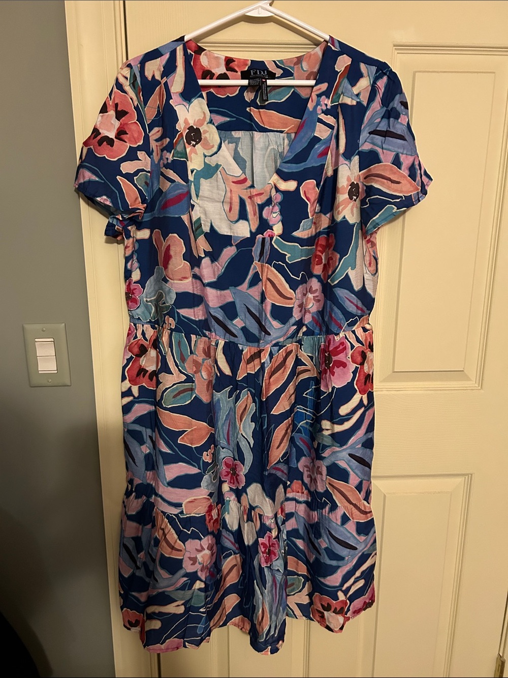 FILA Blue Floral Short-Sleeve Gathered-Waist Mini Dress